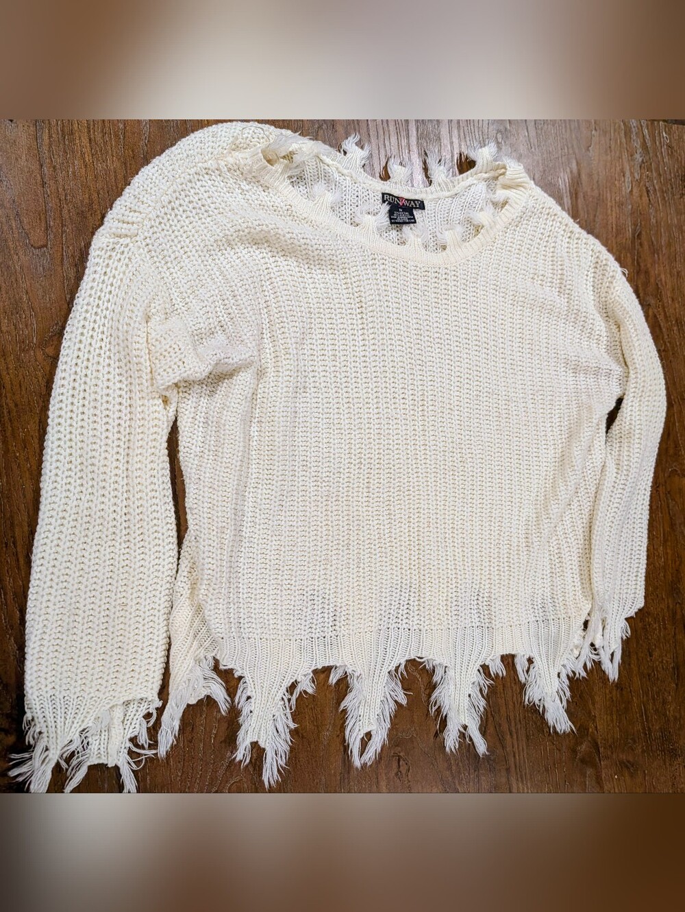 Boutique Cream Distressed Open-Weave Crew Neck Sweater